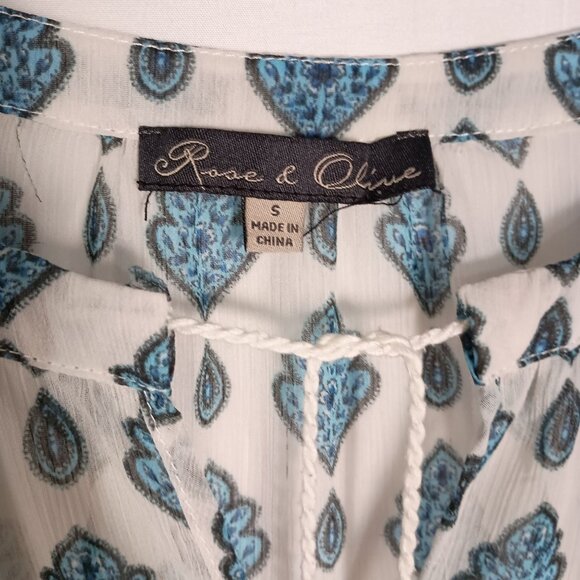 Rose + Olive Boho Tunic Blouse Blue Ivory Print Long Sleeve Top Size S - Picture 5 of 6